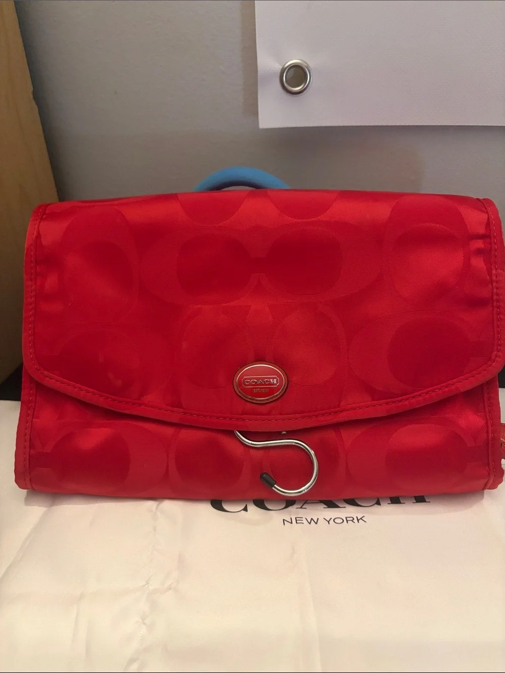 Coach Red Signature Nylon Foldover Cosmetic Case with Hook